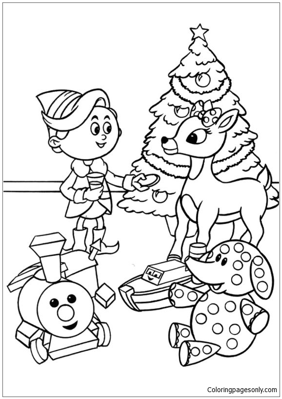 rudolph with children in christmas day coloring page  free