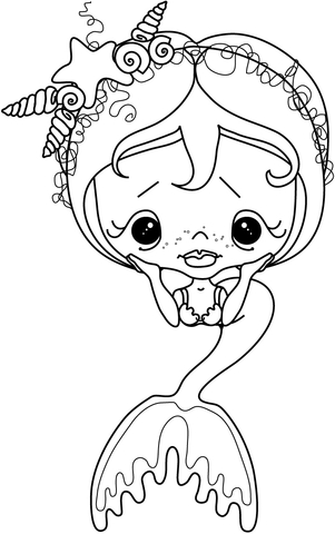 Sad little girl mermaid Coloring Page