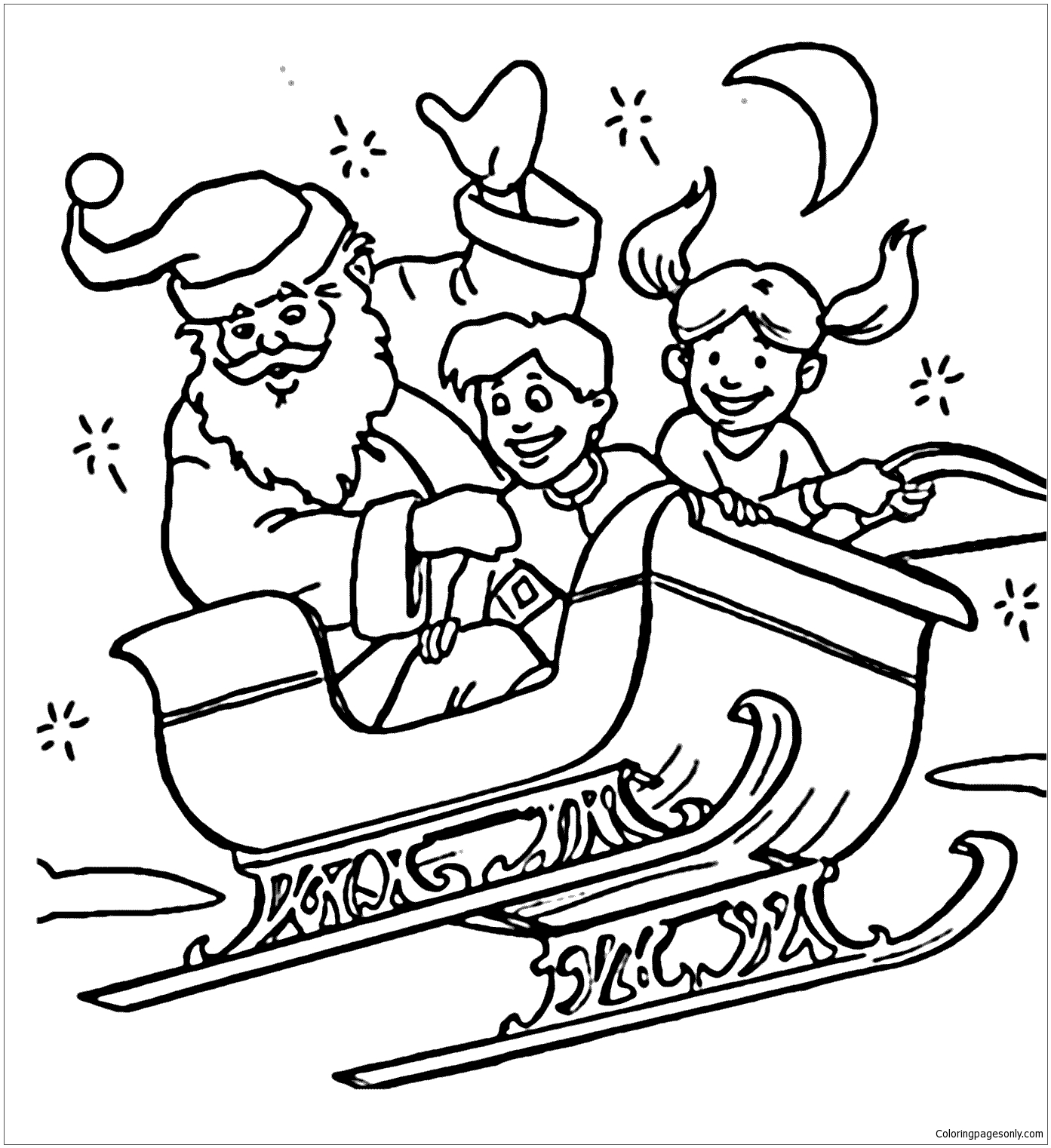 Santa Claus And Children Flying in Sleigh Coloring Page Free