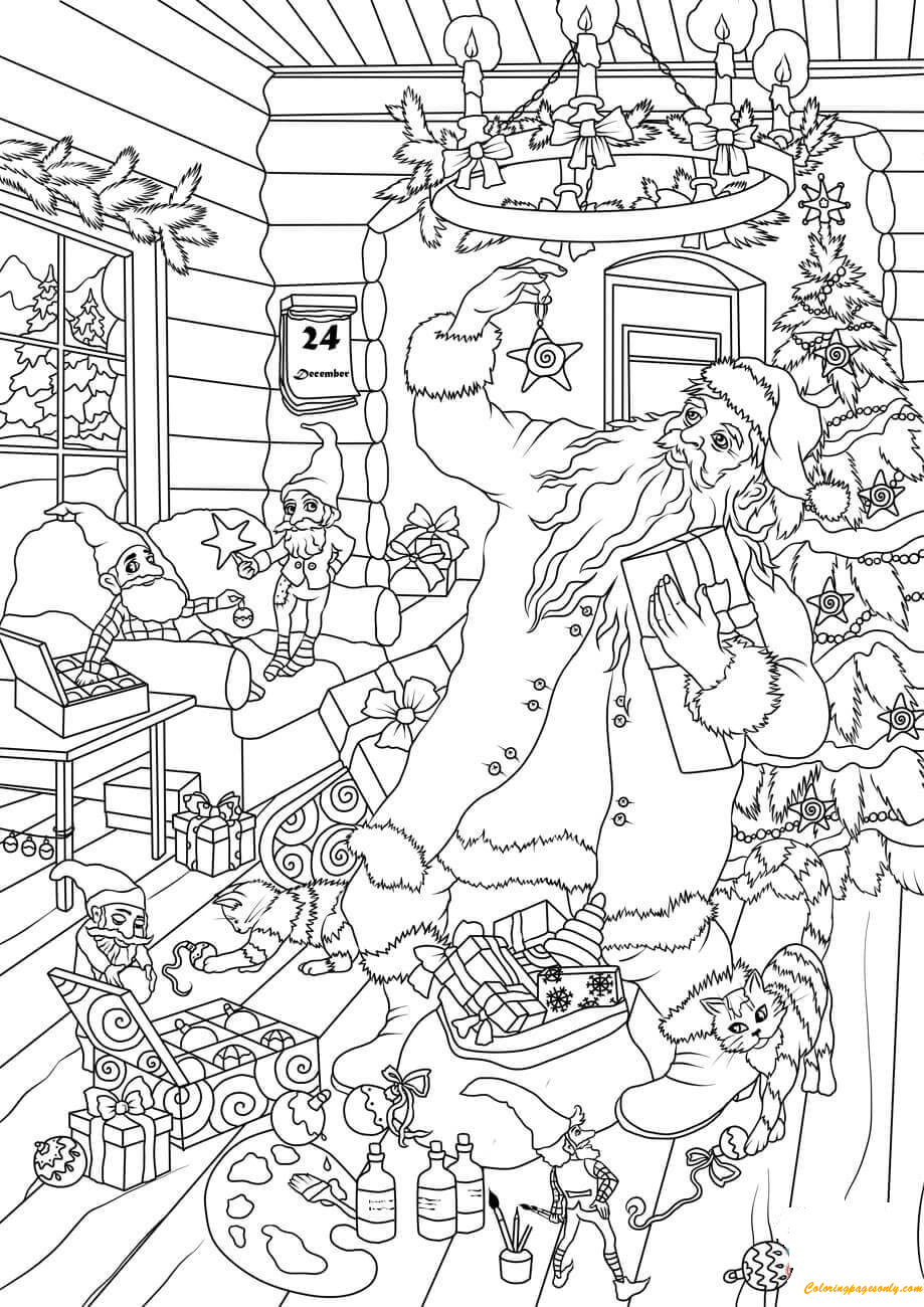 Download Santa Claus and Elves are Preparing Presents Coloring Pages - Holidays Coloring Pages - Free ...