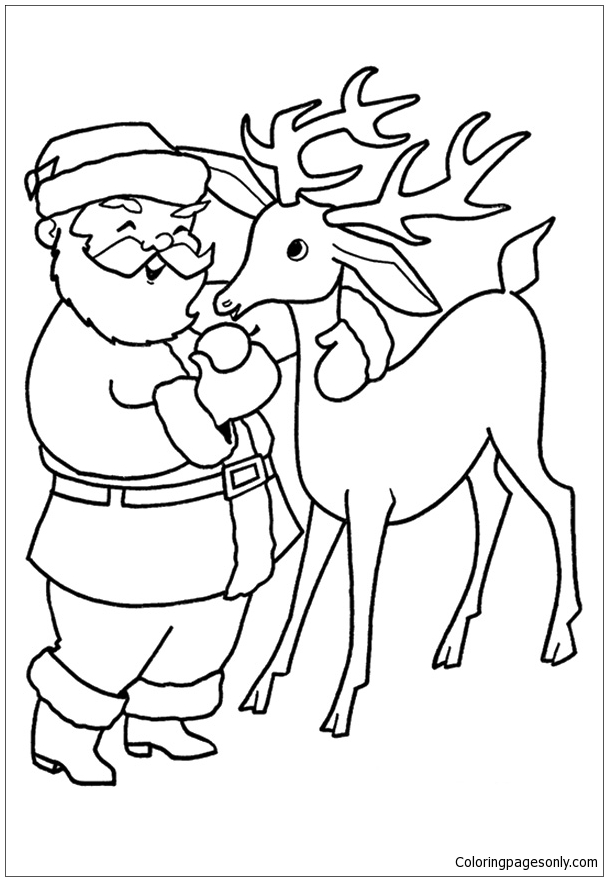 Pagina da colorare di Babbo Natale e renne