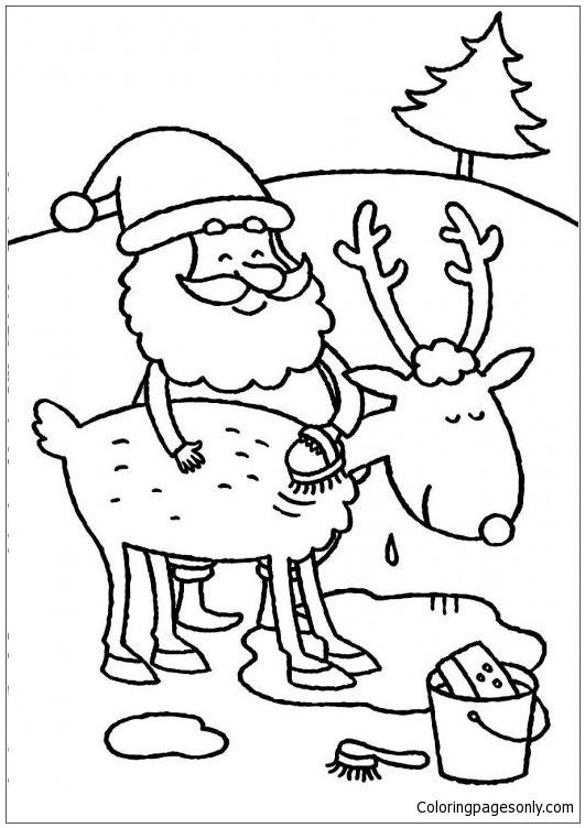 Santa Claus Cleans His Deer Body Before Coloring Pages