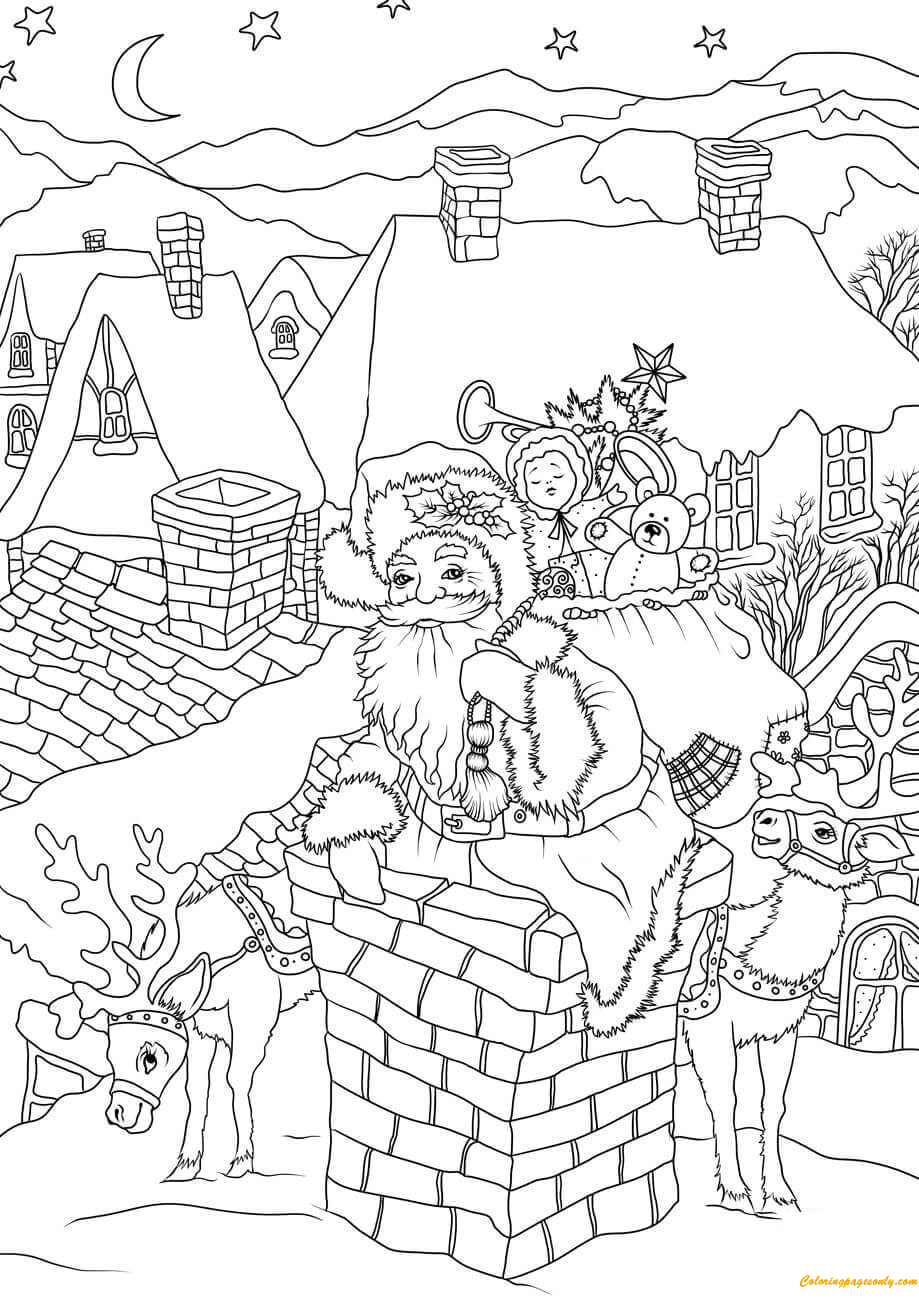 Download Santa Claus Come Down the Chimney with Presents Coloring Pages - Holidays Coloring Pages - Free ...