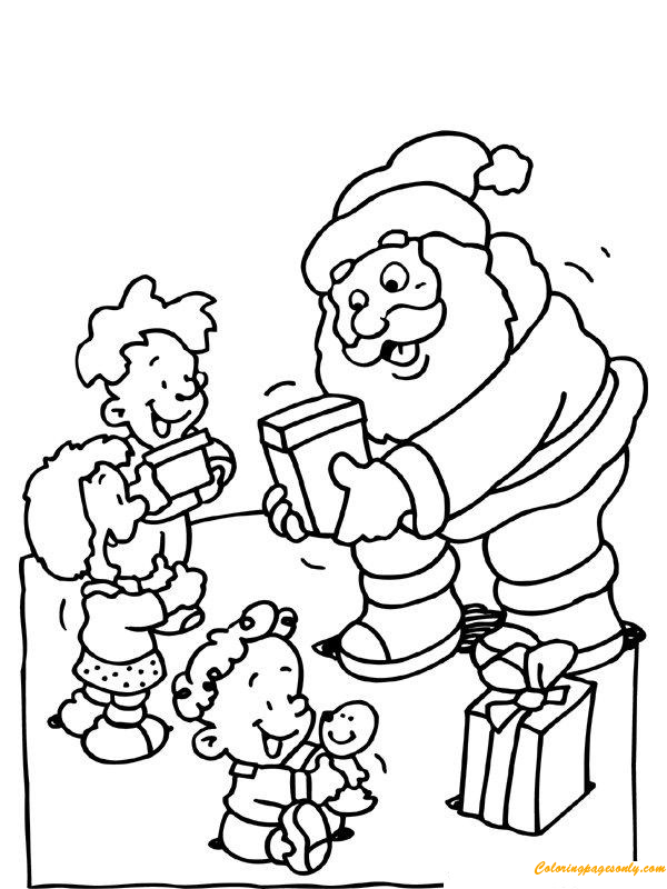 Santa Claus Offering Gifts to Kids Coloring Pages