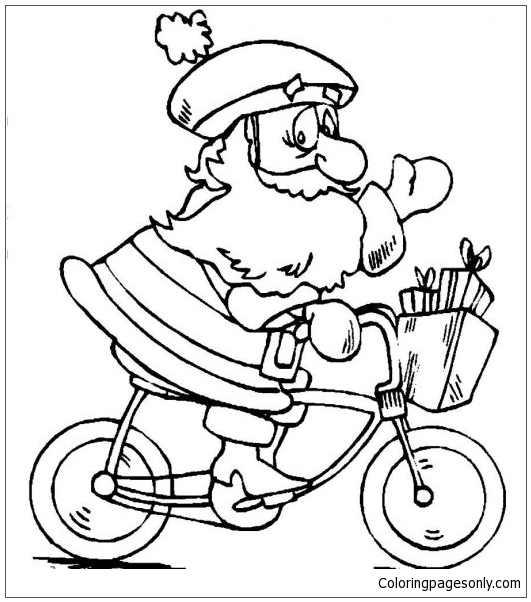 Babbo Natale in sella a una bicicletta per preparare il giorno di Natale da Babbo Natale