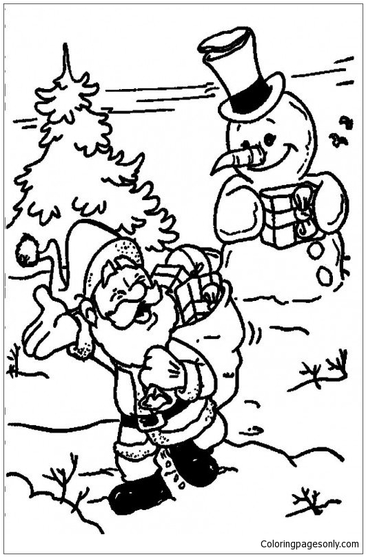Santa Claus Waving To A Snowman And Continuing His Christmas Snowy Journey Coloring Pages