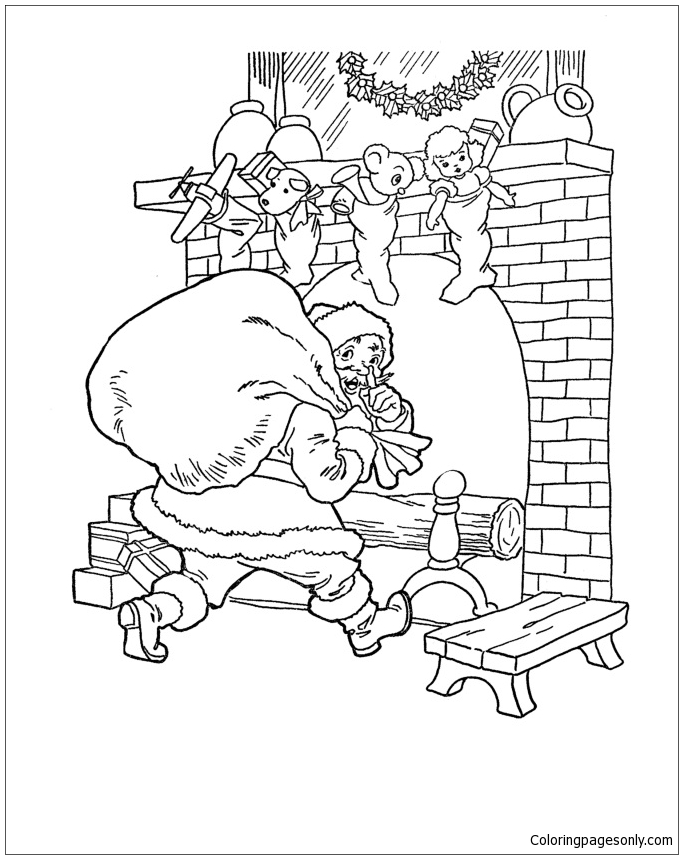 Santa Goes Up The Chimney Coloring Pages