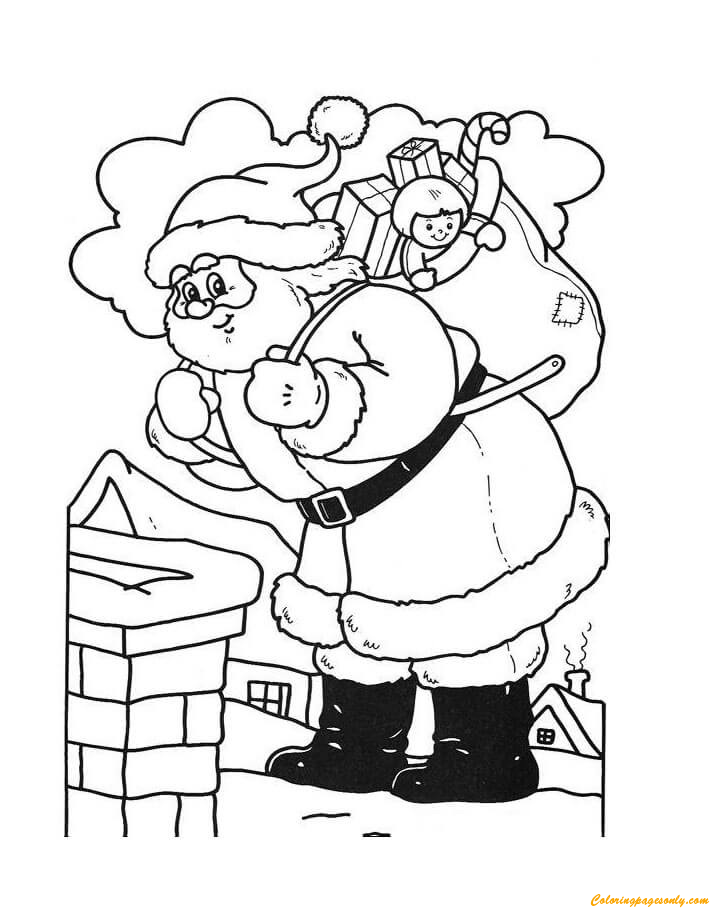 Santa Jumping Into The Chimney Coloring Page
