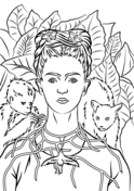 Desenho de autorretrato com colar de espinhos de Frida Kahlo para colorir