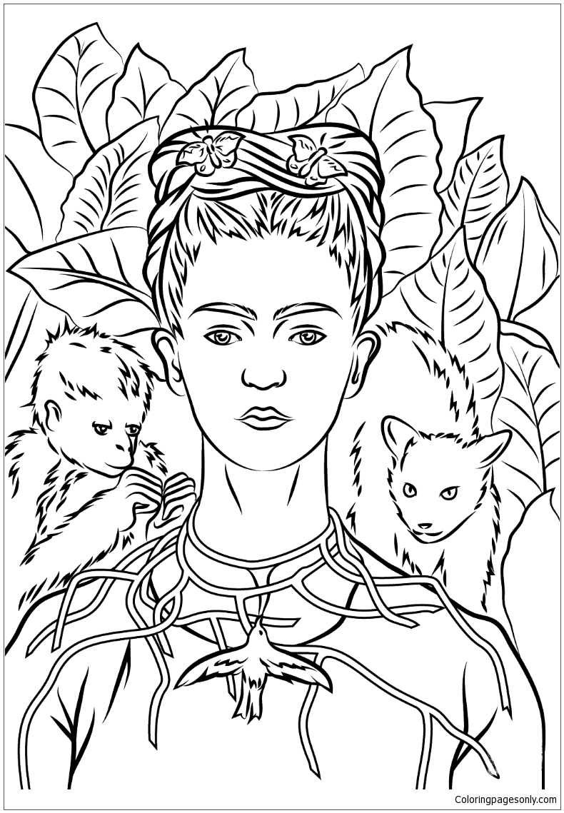 Zelfportret met doornenketting van Frida Kahlo uit beroemde schilderijen