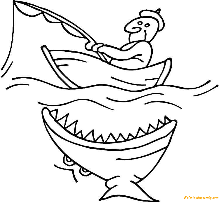 Shark Attacking Fishing Boat Coloring Page