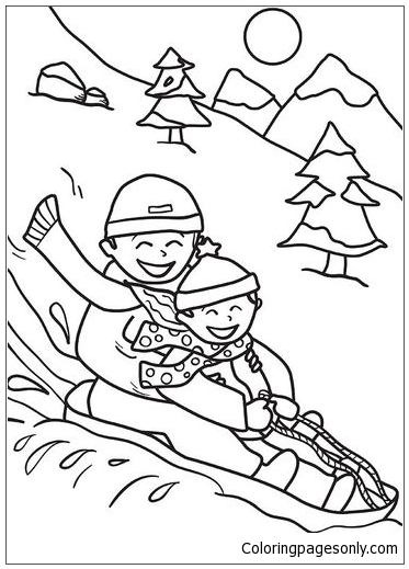 Sledding With Friends Coloring Page