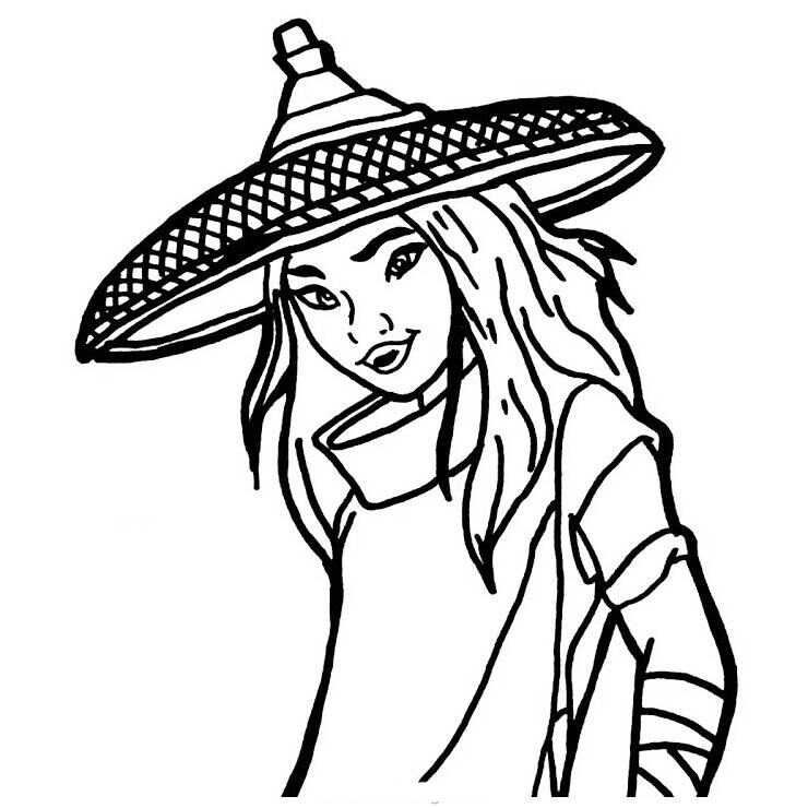 Desenho de Raya e o Último Dragão Sorrindo Princesa Raya em seu chapéu para colorir