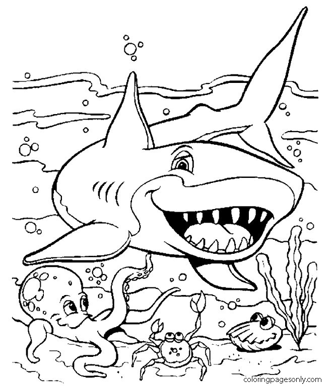 Smiling Shark under the ocean Coloring Pages