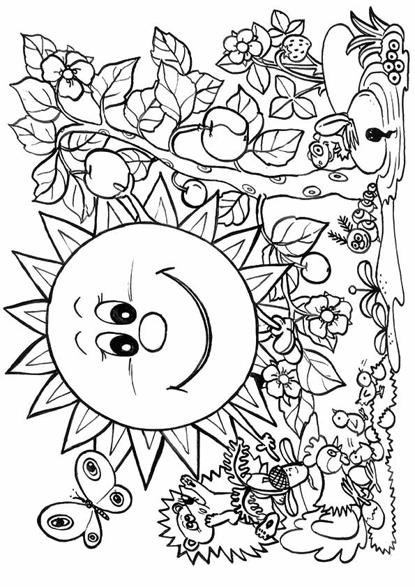 Página para colorir de sol sorridente com flores