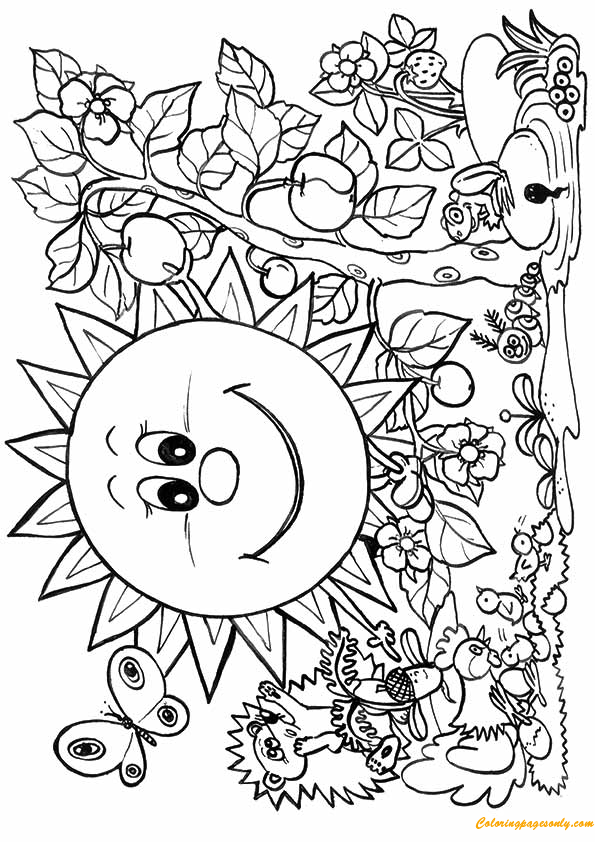 Smiling Sun With Flowers Coloring Pages