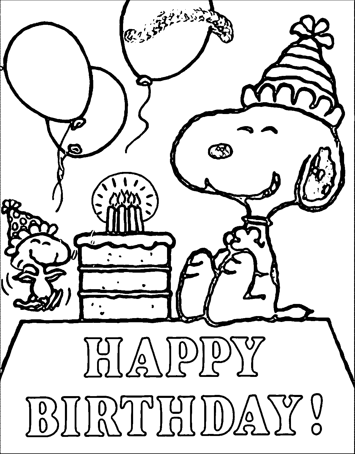 Snoopy and Birthday cake Coloring Page