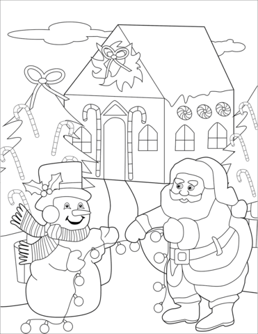 Sneeuwman en kerstman bereiden kerstbomen van de kerstman voor