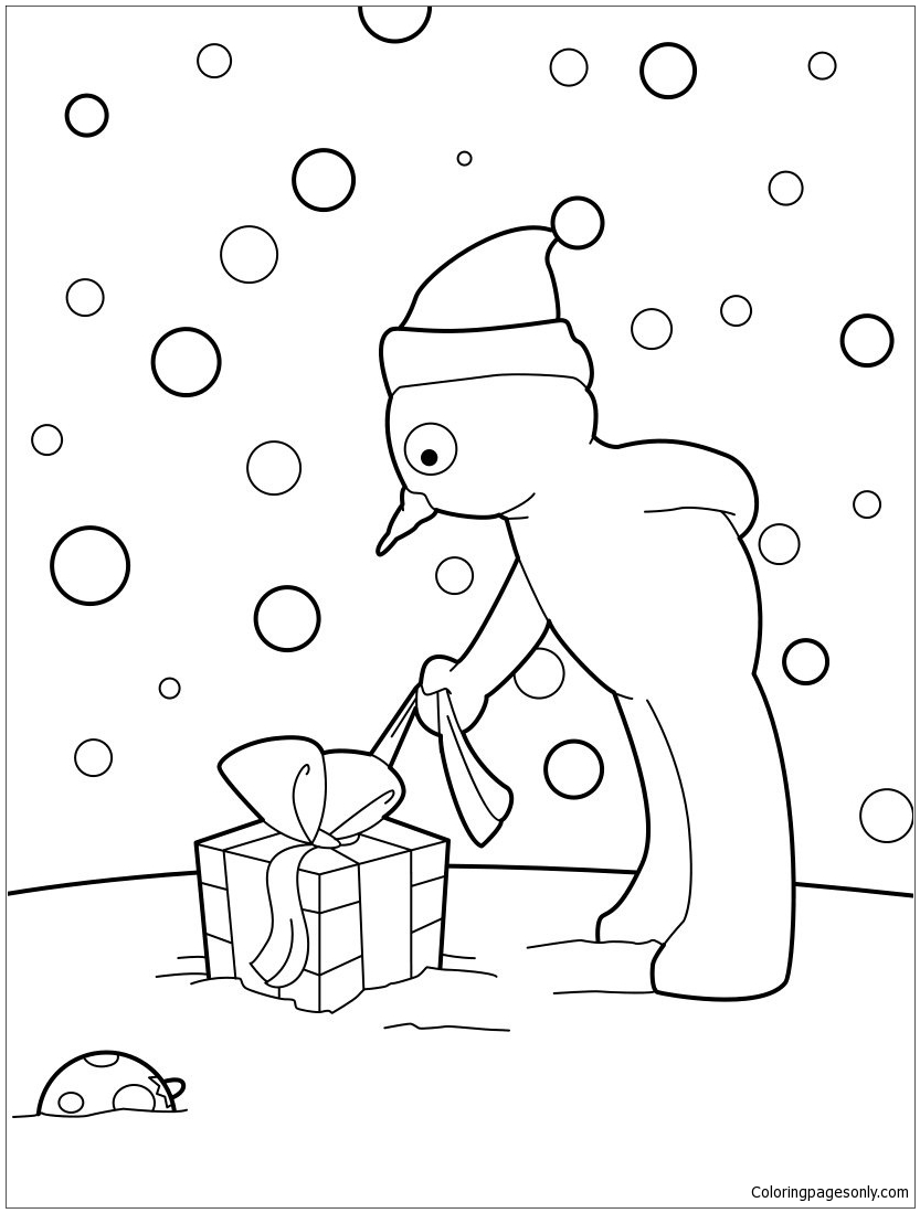 Snowman Opens His Christmas Gift Coloring Page