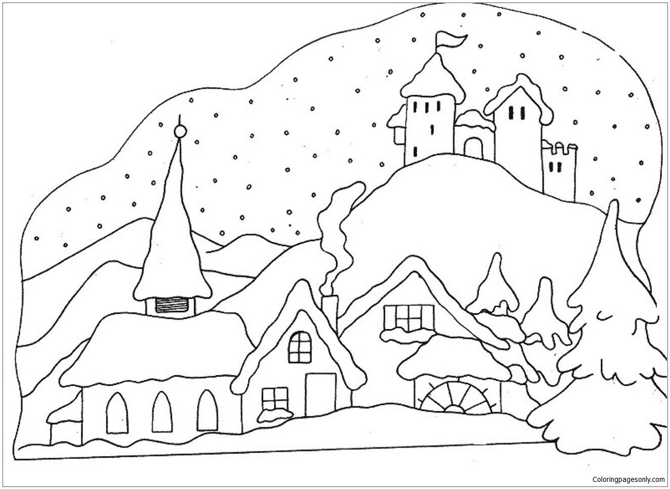 snow scene coloring pages for kids