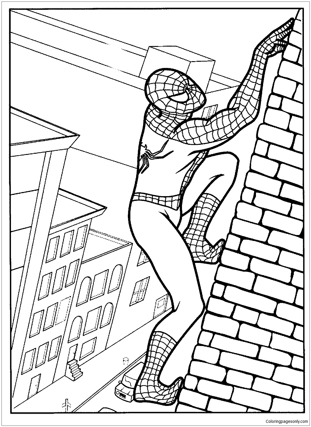 Spiderman climbs on brick wall from Spider-Man: No Way Home