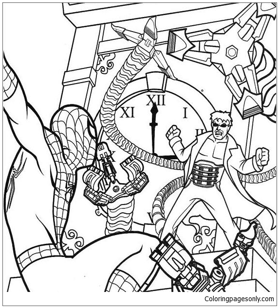 Desenho de Doutor Octopus está perseguindo o Homem-Aranha para colorir