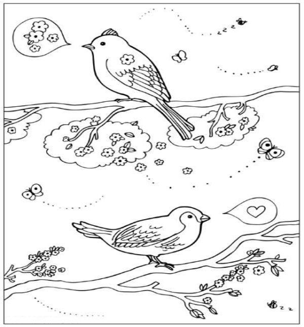 Spring Birds in Love Coloring Page