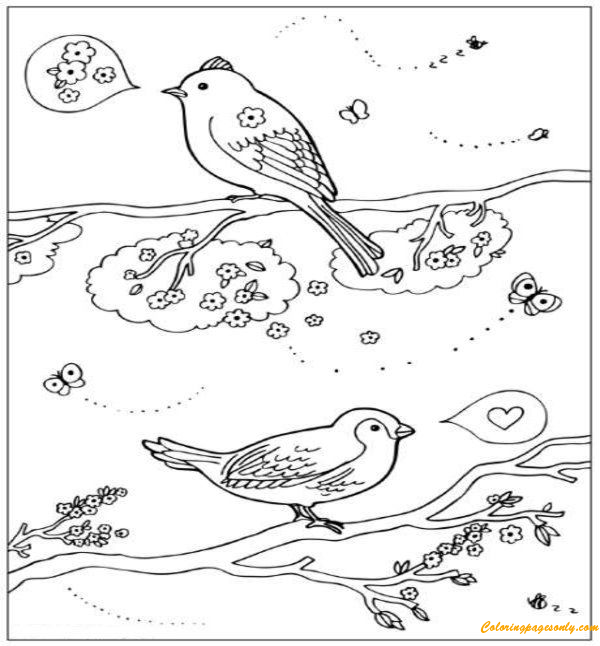 Spring Birds in Love Coloring Pages - Nature & Seasons Coloring Pages