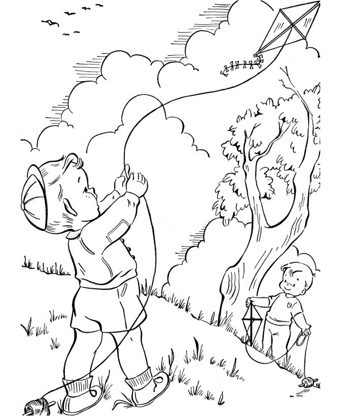 Spring Kite Flying Coloring Page