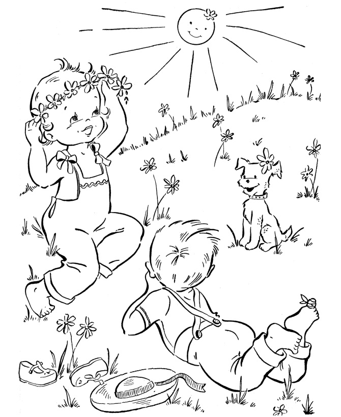 Página para colorir de primavera ao ar livre para crianças