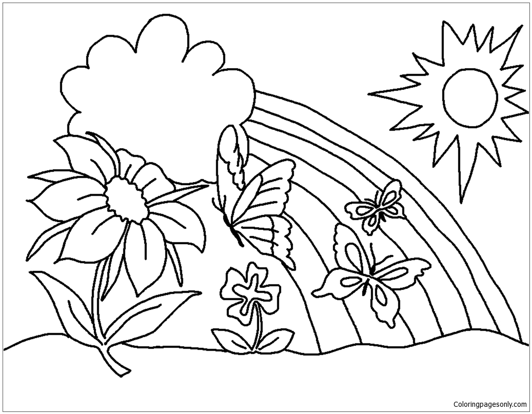 Desenho de Primavera com borboleta, flor e arco-íris para colorir