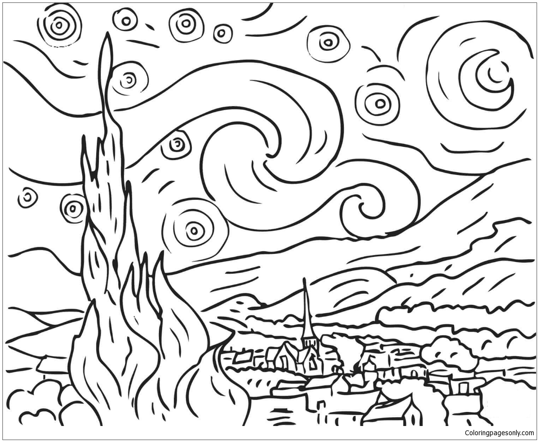Starry Night By Vincent Van Gogh Coloring Pages