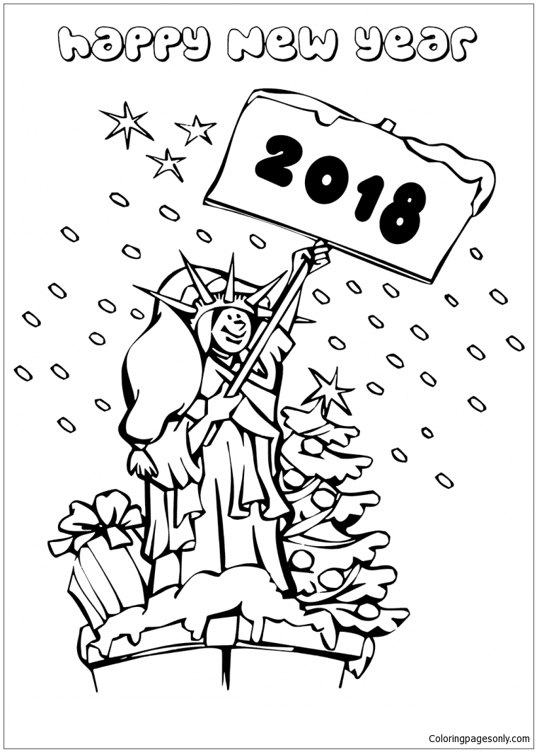Statue Of Liberty Ringing In New Year 2018 Coloring Page