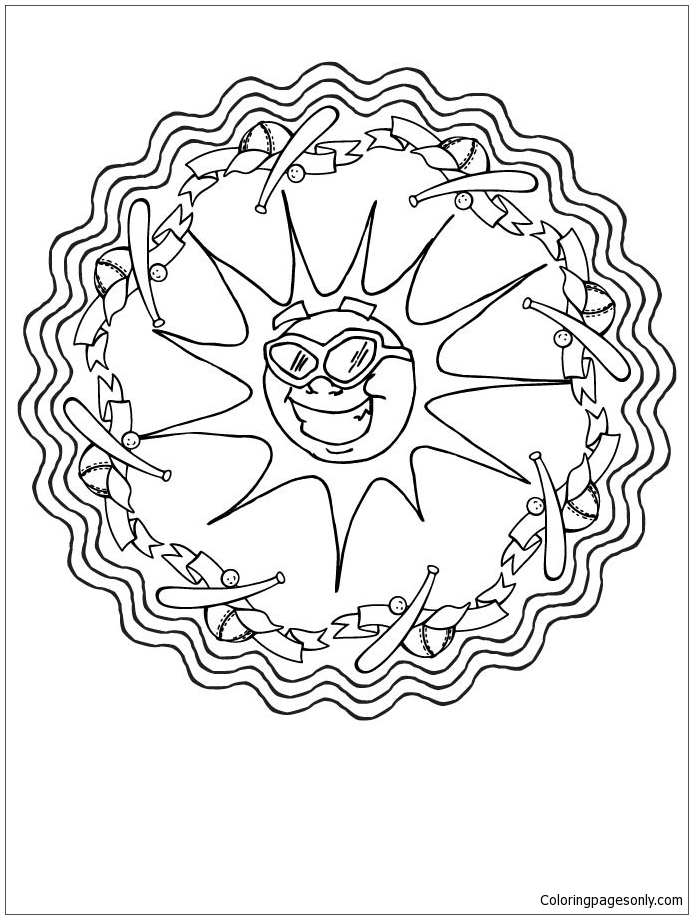Summer Baseball Sun Mandala Coloring Page