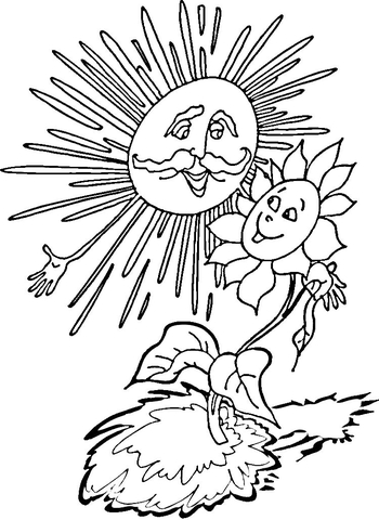 Sunflower and Sun Coloring Page
