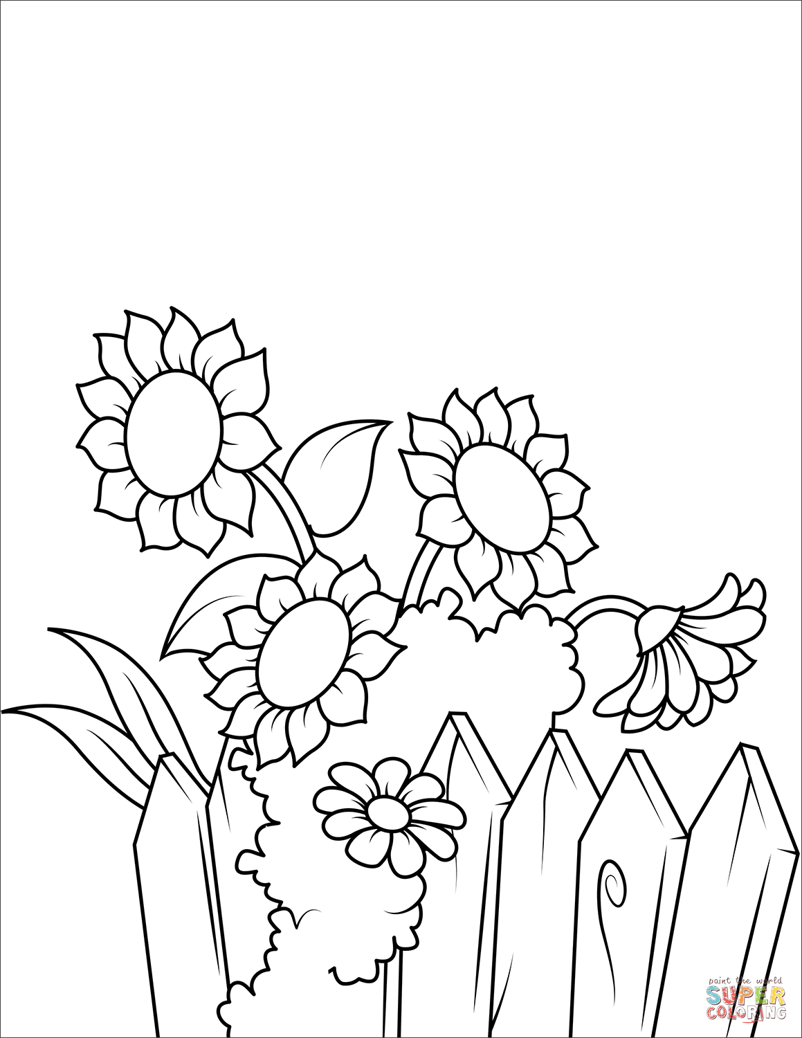 Sunflowers Near The Fence Coloring Pages