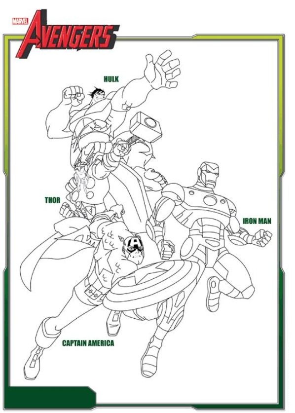 Super heroes Hulk, Thor, Iron Man and Captain America Coloring Pages