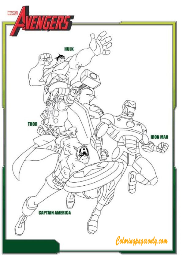 Pagina da colorare di Supereroi Hulk, Thor, Iron Man e Capitan America