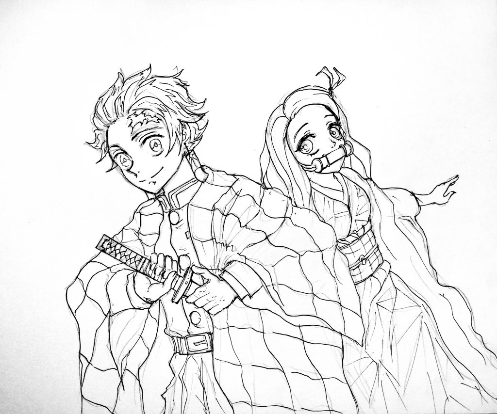 Desenho de Tanjiro e Nezuko para colorir