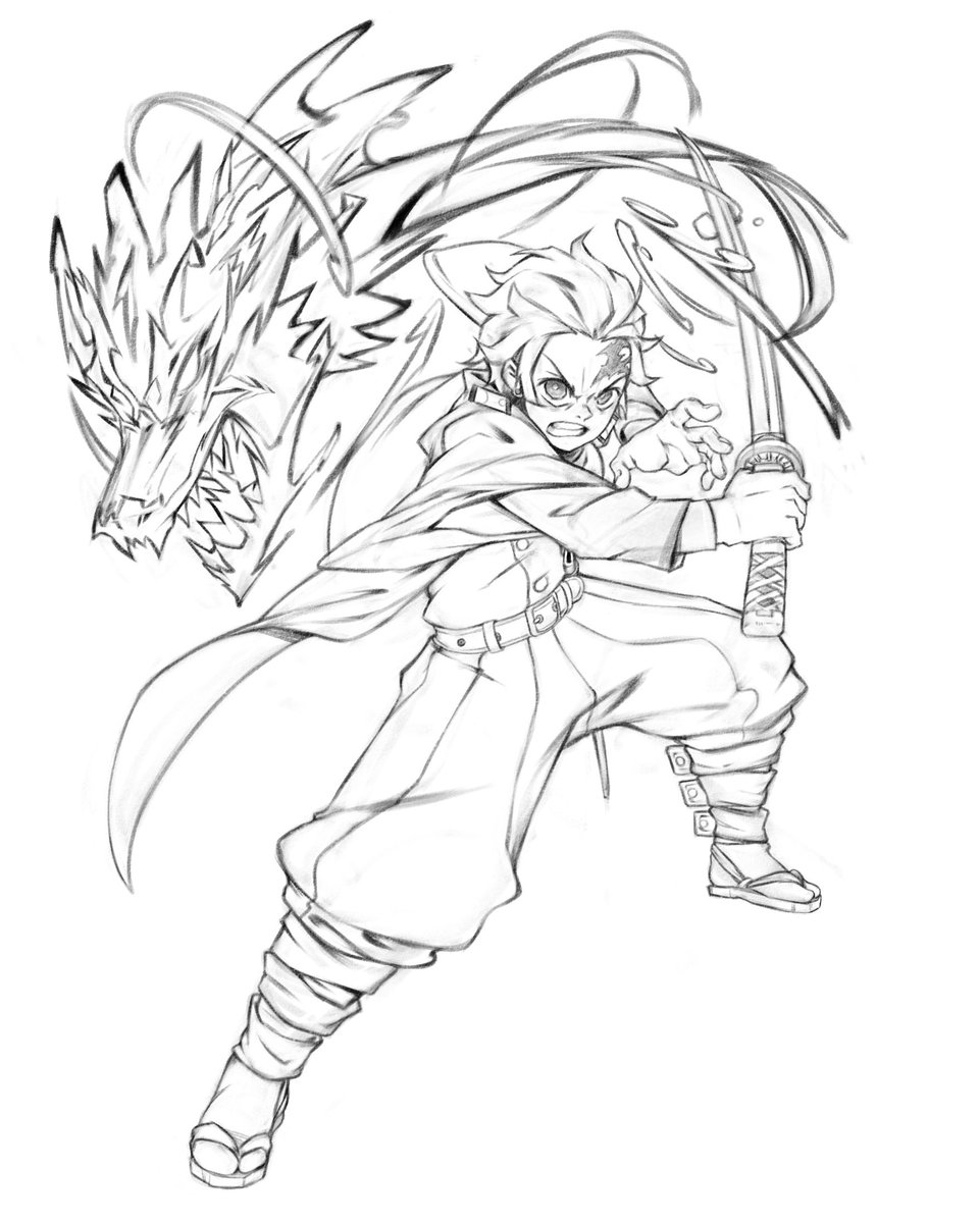 Tanjiro fights against the demon Coloring Page