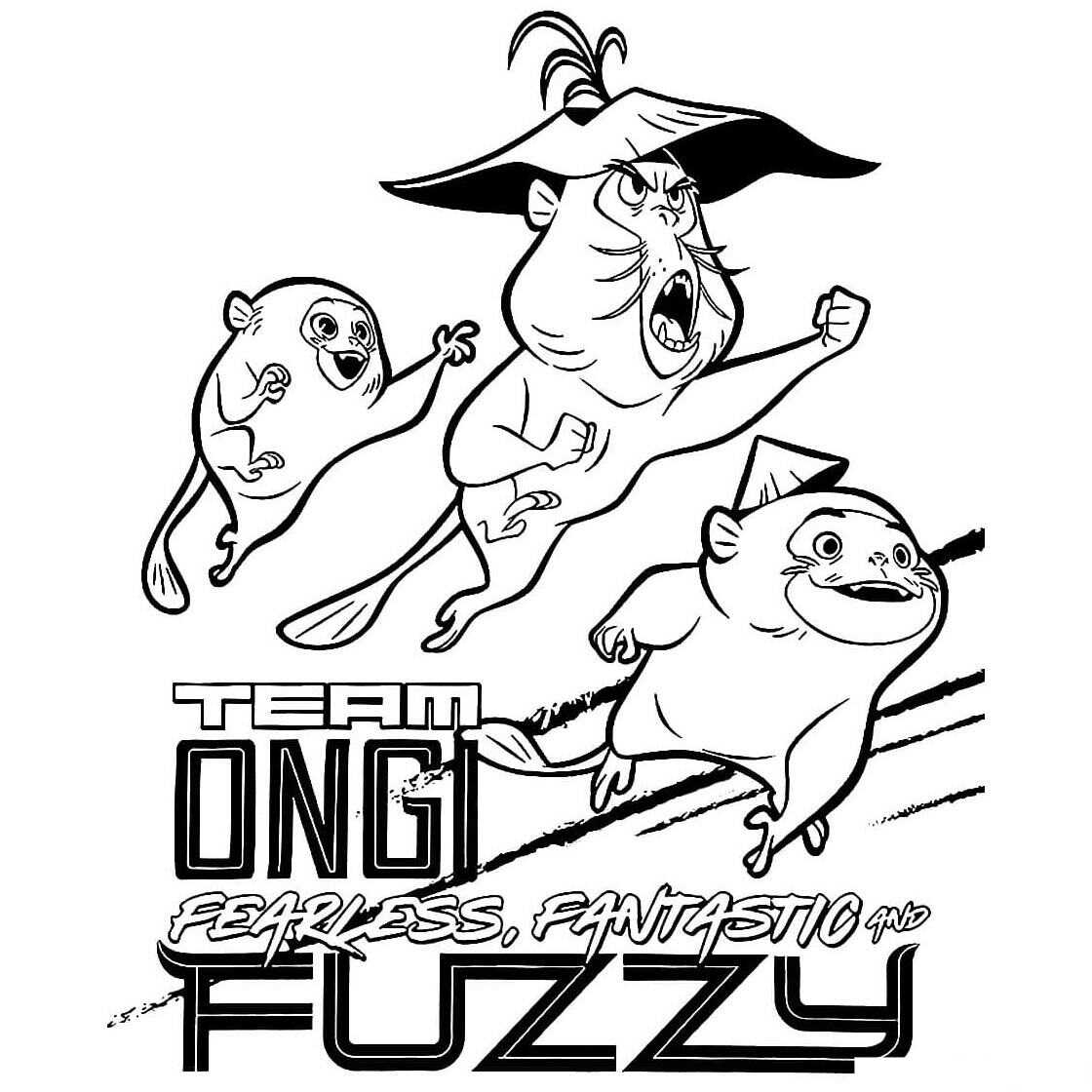 Desenho de Equipe Ongi Destemido, Fantástico e Fuzzy de Raya e o Último Dragão