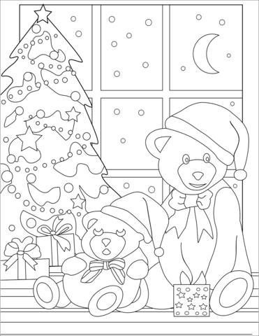 Teddy Bears Near Christmas Tree Coloring Page