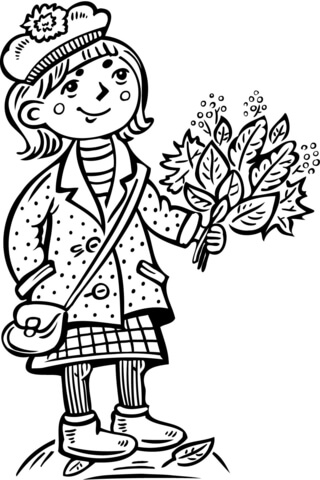 Teenage Girl Holding a Bouquet of Leafs Coloring Pages