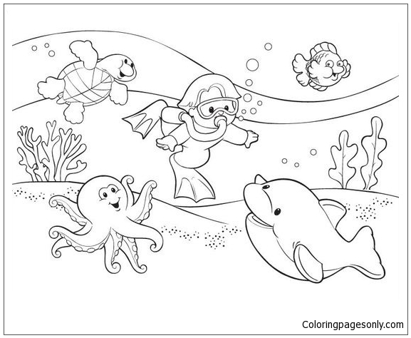 The Baby Is Playing In The Ocean Coloring Page