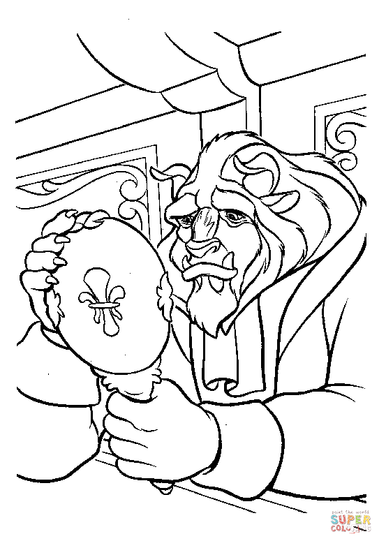 The Beast looking in the Mirror  from Beauty and the Beast Coloring Pages