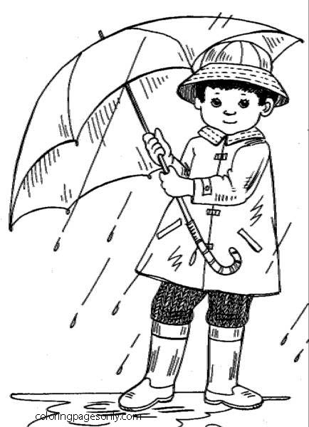 男孩有一把雨伞和一件来自降水的雨衣