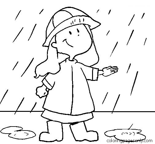 De jongen speelt in de regen van neerslag