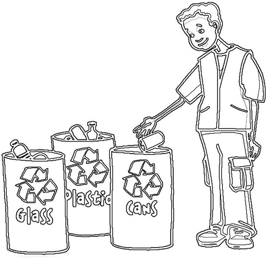 The boy put his can in the recycle bin Coloring Pages