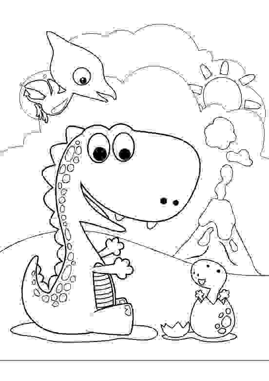 The Dinosaurs playing together next to the volcano Coloring Pages