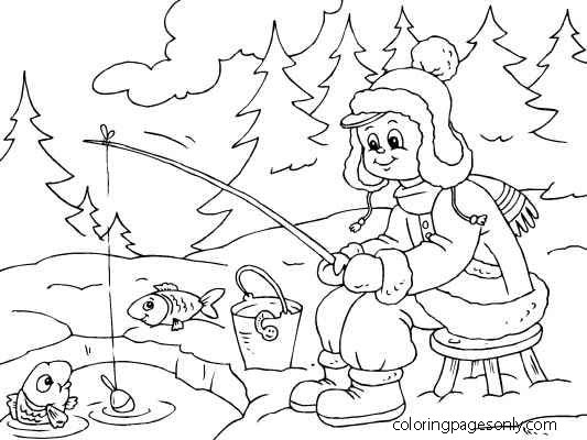 The Eskimo boy goes fishing in the Arctic Coloring Page